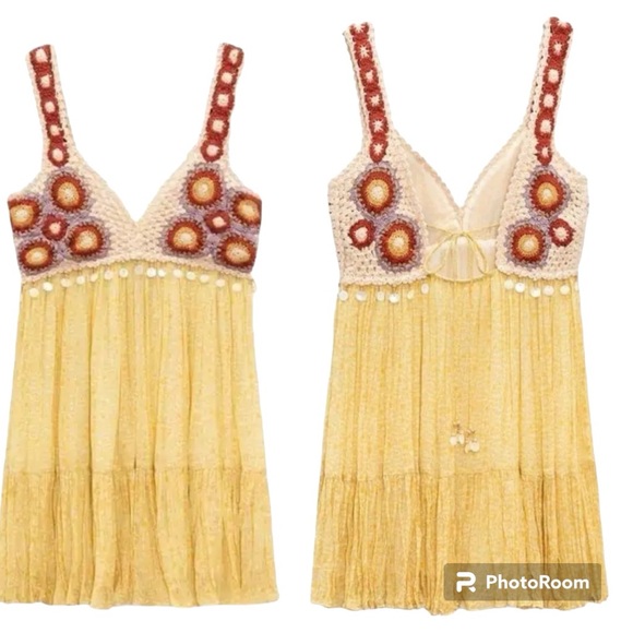 ZARA bohemian crochet light yellow dress size small - Picture 5 of 15